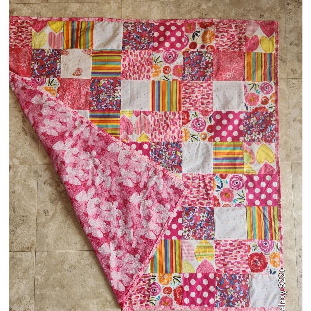 Handmade bright colored hot pink baby patchwork quilt  New